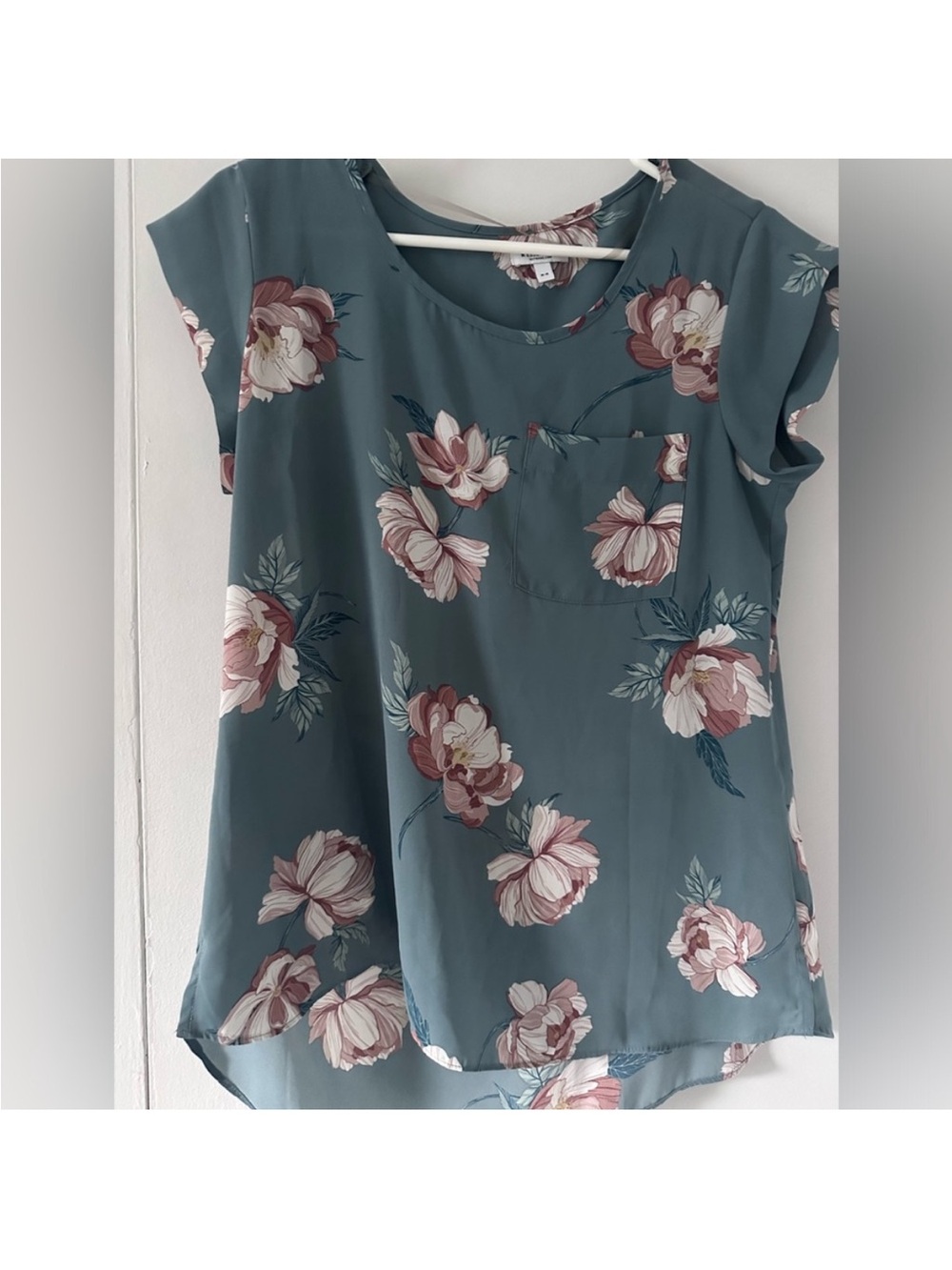 Teal Floral Scoop Neck Blouse with Pocket
